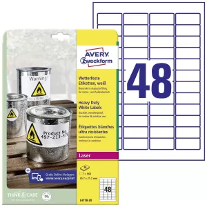 Avery Zweckform etikety 45.7mm x 21.2mm, A4, matné, bílé, 48 etiket, velmi odolné, baleno po 20 ks, L4778-20, pro laserové tiskárn